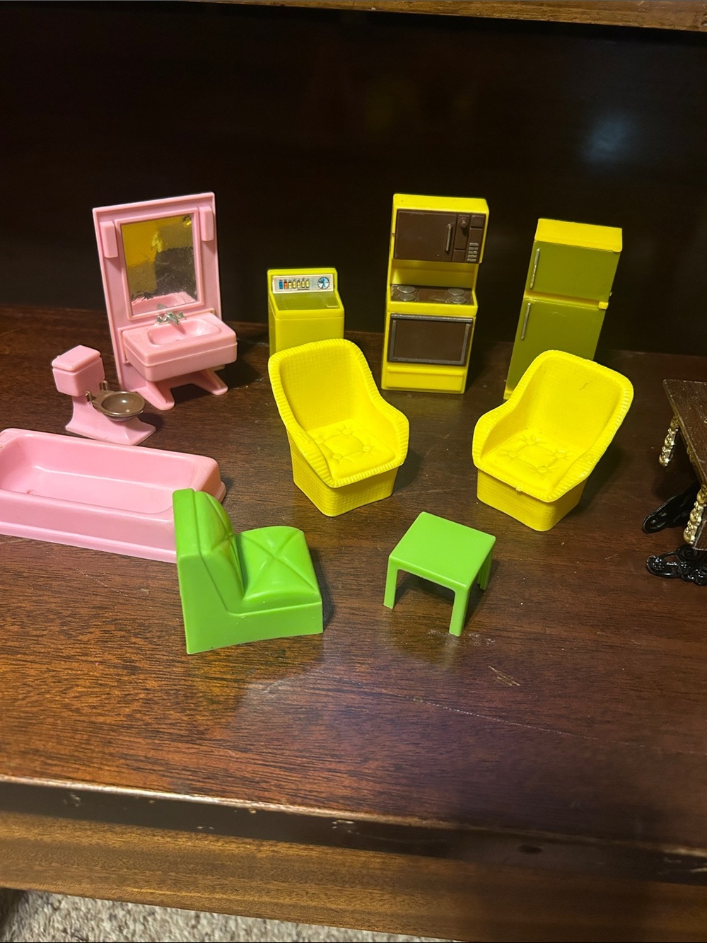 Vintage Kids Dollhouse Furniture Set - Yellow, Pink, Green